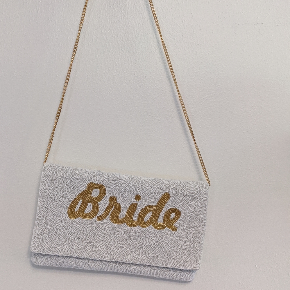 Beaded white and gold BRIDE clutch purse